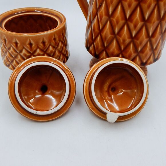 Brown Raised Diamond Pattern Footed Coffee Pot Sugar Bowl Japan Lidded Vintage - Picture 6 of 16